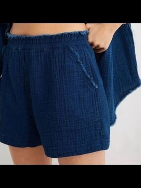 Aerie Gauze Short Womens High Rise Elastic Waistband Stretch Cotton Blue Fray. S